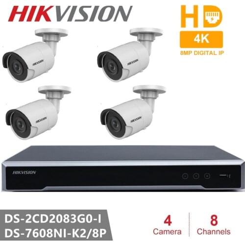 Hikvision Outdoor Video Surveillance System 8CH NVR + 4PCS IP Camera DS-2CD2083G0-I 8MP Bullet Network Camera POE H.265