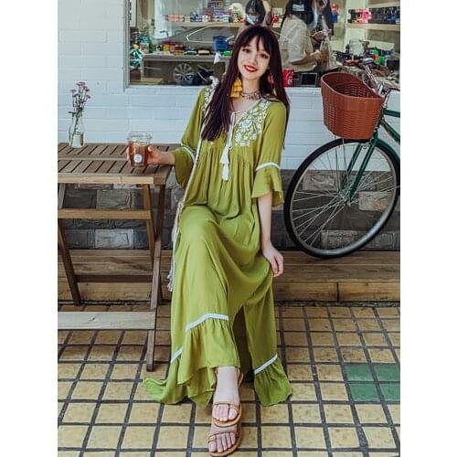 2021Spring Autumn New Bohemian Indian Clothes Dress Womens Fat Mm long skirk Ethnic Style Cotton Hemp Embroidery Holiday Dress