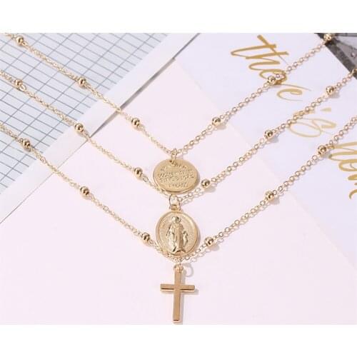 New Arrival Boho Cross Layered Necklace Gold Coin Pendant Necklaces Sequins Choker Cryatal Short Chain Jewelry for Women