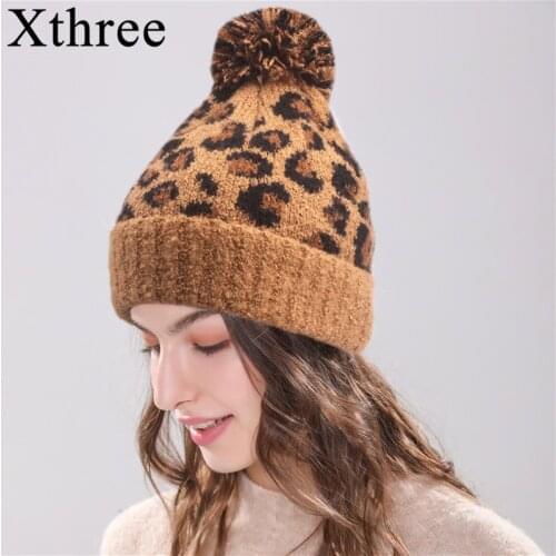 Xthree New Leopard Print Wool Beanies Women Fur Pom Poms Knitted Hat Winter Hat for Women beanies Cap Hat for Girl