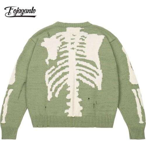 FOJAGANTO Autumn Fashion Sweater Men Hip Hop Harajuku Skeleton Bone Jacquard Knitted Pullover Oversize Brand Casual Sweater Male