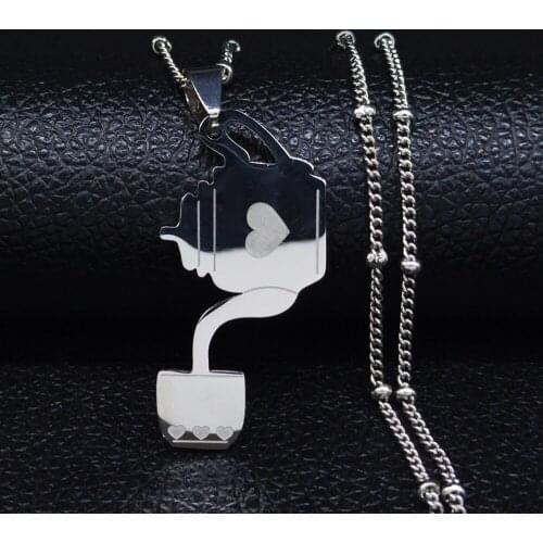 Beauty Beast Teapot Teacup Stainless Steel Necklace Silver Color Necklace Jewelry colgantes mujer moda N3101S05