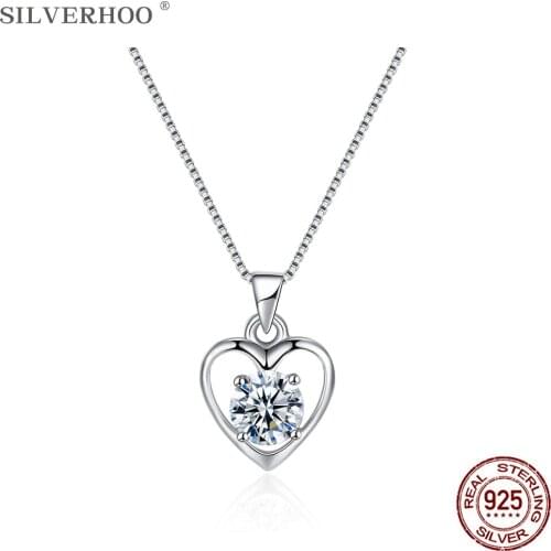 SILVERHOO 925 Sterling Silver Romantic Hollow Heart Pendant Necklaces For Women Round CZ Necklace Silver Jewelry Engagement Gift