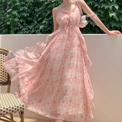 Fashion French Vintage Casual Sexy Strap Sleeveless Midi Party Dress Ladies Elegant Robe Floral Coffee Break Ruffle Beach Dress