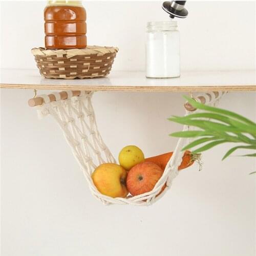 Bohemian Style Hanging Fruit Hammock Woven Net with Wooden Sticks & Hooks