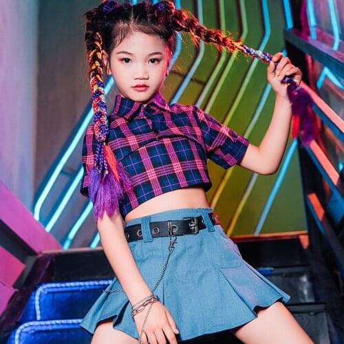 Girls Jazz Dance Plaid Top Denim Skirt Kids Modern Street Dance Hip Hop Suit ChildrenS Day Catwalk Show Stage Clothing DQL5306
