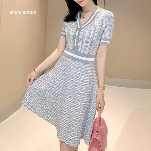 Spring summer new v-neck rayon blended fabric light high-end luxury fashion knitting dress society