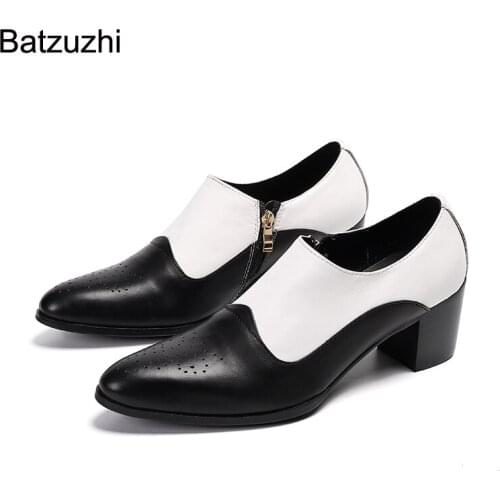 Batzuzhi 7cm High Heels Japanese Style Fashion Mens Shoes Zip Soft Leather Dress Shoes Men Black Red Party and Wedding Zapatos