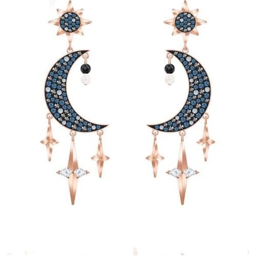 High Quality Moon Star Earrings For Women Dark Blue Swa 1:1 Boho Jewellery New