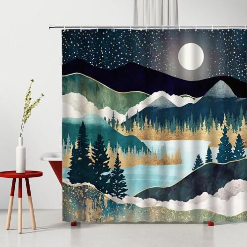 Scenery Modern Design Shower Curtain Ocean Mountain Peak Forest Full Moon Painted Home Bathroom Decor Polyester Bathtub Screen