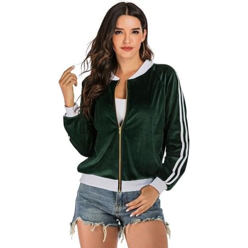 2021 Spring Jackets Women Windbreaker Long Sleeve Fashion Striped Crew Neck Velvet Zip-Up Baseball Jacket Green Casual Outwear