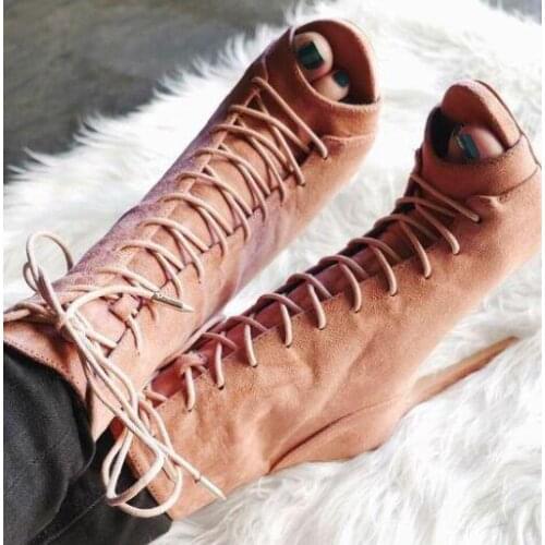 Moraima Snc Suede Lace-up High Heel Boots Sexy Peep Toe Ankle Boots for Woman Fashion Gladiator Short Boots Ladies Dress Shoes