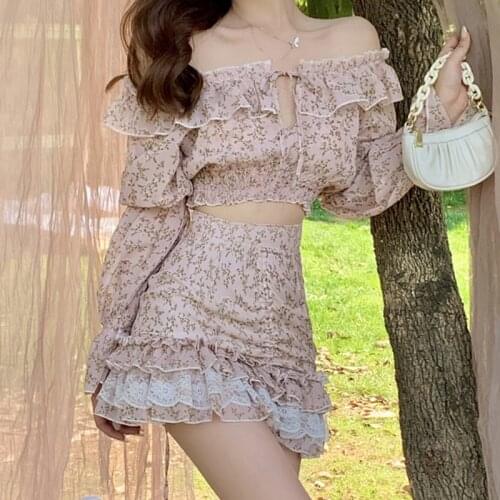 Women Korean Sweet Print Two Piece Set Long Flare Sleeve Slash Neck Lace-up Short Top High Waist Bodycon Skirts Ruffles Suits