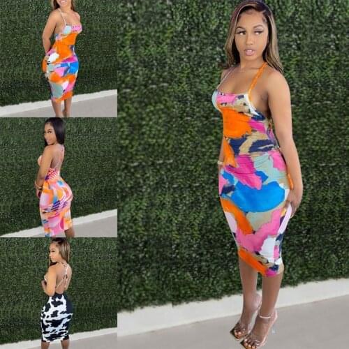 066C Women Summer Sexy Halter Backless Bodycon Midi Dress Vintage Multicolor Abstract Cow Print Pacakge Hip Knee Length Night