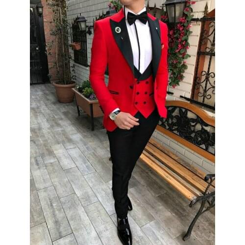 JELTONEWIN 2020 Custom Made Slim Fit Red Men Suits For Wedding Peaked Lapel Groom Tuxedos Groomsmen Suits Party Formal 3 Pieces
