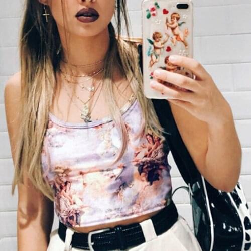 2019 Summer Women Angel Print Vest Sleeveless Vintage Fashion Tanks Tops Casual Club Party Female Short Tops