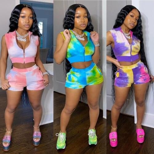 Hot Sale Sexy Tie-dye Two Piece Set Women Clothes Zipper Jacket Crop Tops + Biker Shorts Summer Casual Sport Skinny Tracksuit