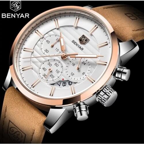 BENYAR Design 2021 New Top Fashion Sport Quartz Watches Mens Multi-Functional Waterproof Premium Leather Calendar Watch Relogio