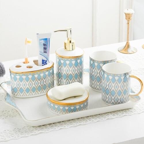Ceramic Bathroom Accessories Set Soap Dispensers Toothbrush Holder Gargle Cups Soap Dish With Tray Wedding Gifts 6 Pieces Set