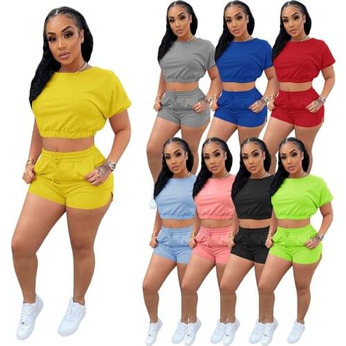 2021 Summer New Womens Fashion Solid Color Hollow Casual Sports Jogging Shorts Two-Piece Suit