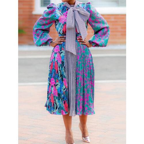 Women Printed Dress Big Bowtie Collar Floral Long Sleeves Pleated A Line Plus Size Elegant Female Office Classy African Fashion