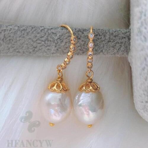 White Baroque Pearl Earring 18k Zircon Hook Cultured Jewelry Wedding Dangle Gift AAA Party