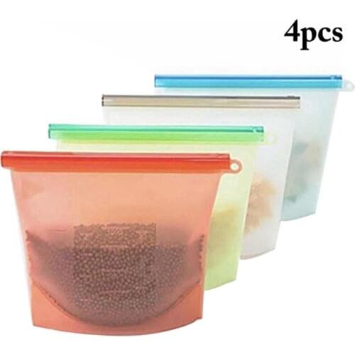 4Pcs/set 1000ml Silicone Food Bag Reusable Fresh-keeping Bag Fruit And Vegetable Sealed Bag Leak-proof Food Storage Ziplock Bag