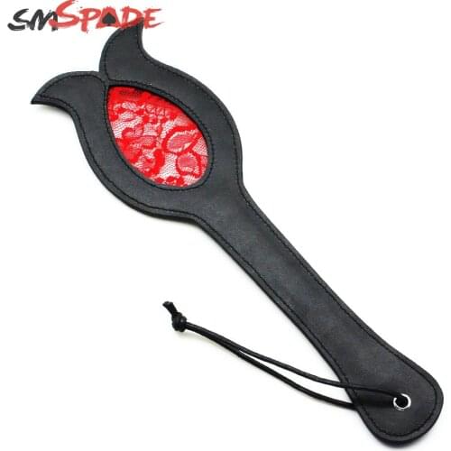 SMSPADE 2019 New Black Leather Tulip Shape With Red Lace Leather Paddle Spanking Crop Paddle Fetish Whip Adult Sex Toys