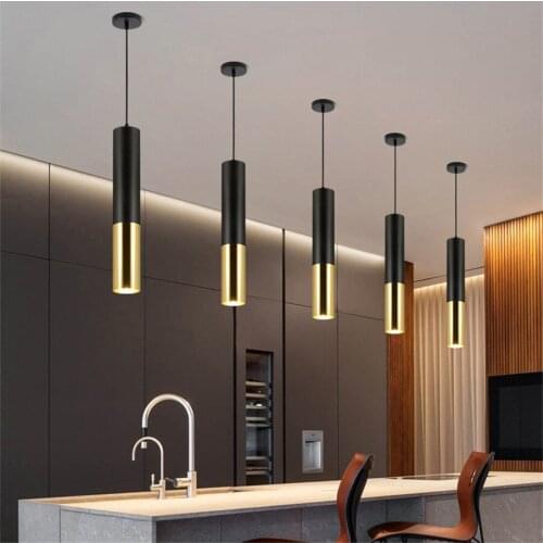 7W LED Pendant Light Bedside Golden Long Tube Hanging Lamp Bar Counter Bedroom Kitchen Island Cylinder Pipe Lighting Fixtures
