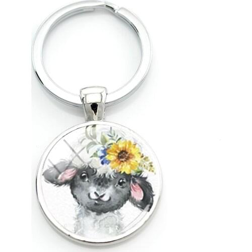 TAFREE 25mm Cute Animals With Flowers Photo Design Keyholders Round Glass Dome Horse Sheep Cattle Fox Kids Jewelery