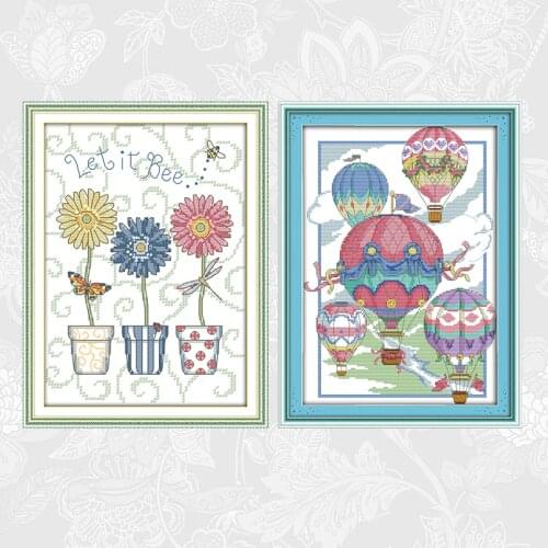 Hot Air Balloon and Three Potted Flowers Patterns Counted Printed on Canvas Cross Stitch kits Handwork Needlework Embroidery