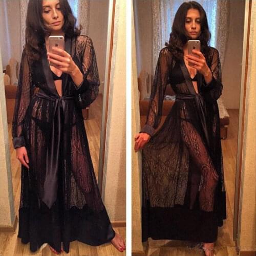 Women 2021 New Sexy Long Silk Kimono Dressing Gown Bath Robe Lace Up Babydoll Lingerie Nightdress Lace