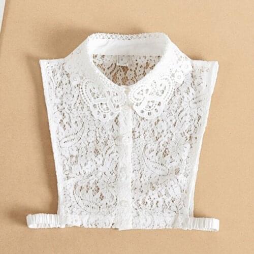 Women Girls Hollow Out Floral Lace Fake Collar Button Down Detachable Lapel White Half Shirt Blouse Sweater Accessory