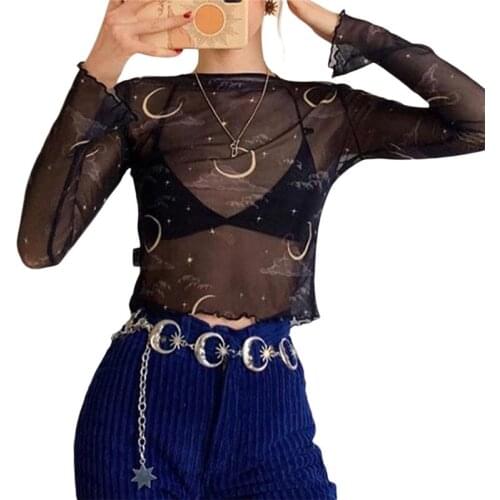 Womens Sexy Sheer Mesh See Through Blouse Crop Top Summer Y2K Sun Moon Printed Long Sleeve Tops Slim T-Shirts for Girls