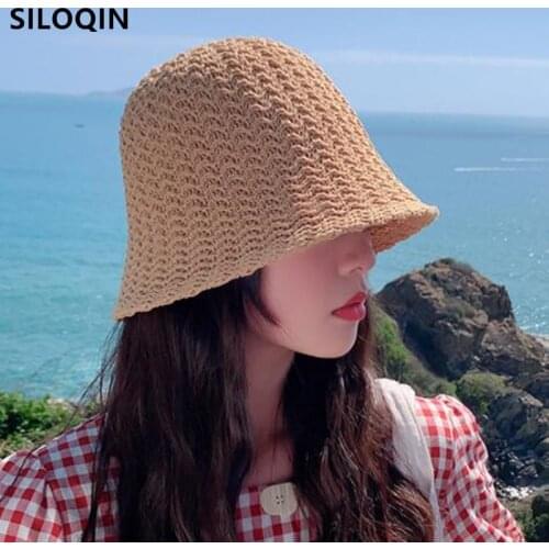 SILOQIN Foldable Womens Panama Hat New Summer Elegant Bucket Hat Solid Breathable Straw Hats Travel Casual Female Beach Hat