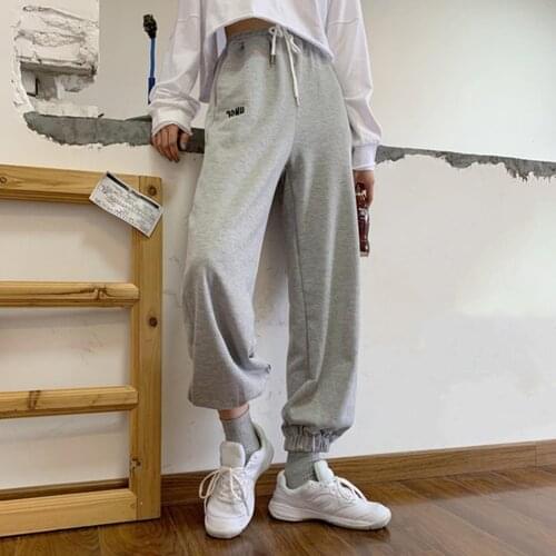 Women Drawstring Letters Print Pockets Long Loose Pants Running Fitness Trousers