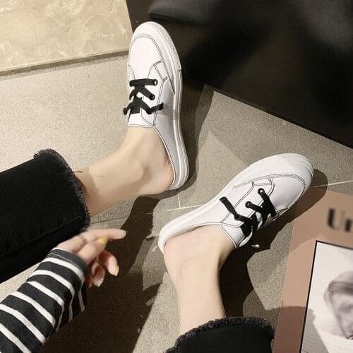 2021 New White Flat Womens Shoes Korean Fashion Casual Half Shoes Lace-up Mules Sneakers Women Off White Shoes