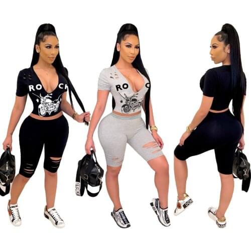 S-2XL 2021 summer short set fashion solid color hole printing V neck top and shorts two piece set Wholesale Dropshipping