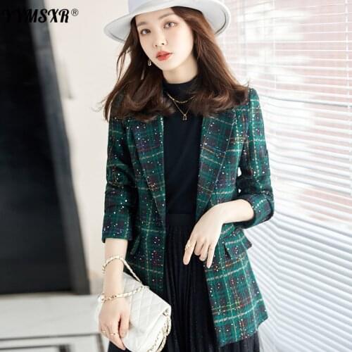 S-4XL Plus Size Womens 2021 New Autumn and Winter Retro Plaid Long-sleeved Ladies Jacket Casual Professional Office Suit