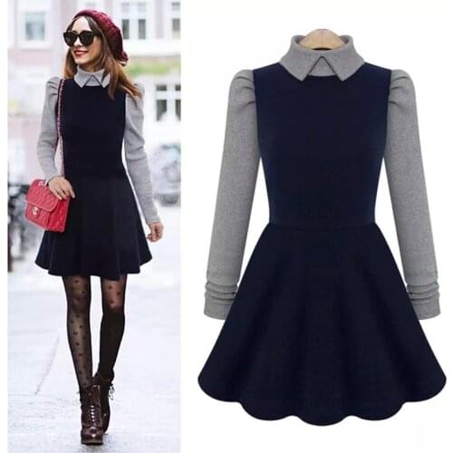 Plus size warm spring autumn womens long sleeve vintage dress female turn down collar ruffles dresses ladies tight pleated dress