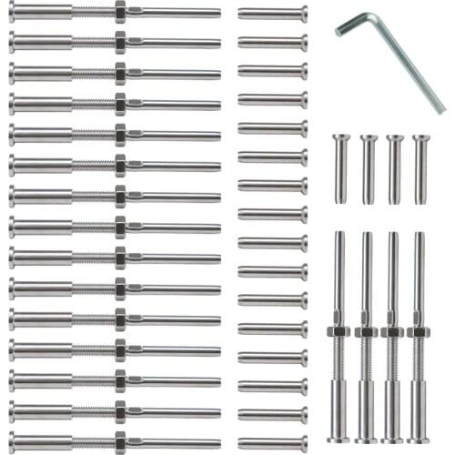 20 Pairs Stainless Steel 316 Grade Cable Railing Threaded Stud Tensioner Receiver & Flat Head Stemball Terminal for 1/8 Cable