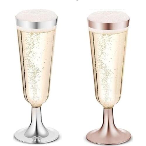 25/50/100pcs Plastic Rose Gold Rimmed Champagne Flutes 5.5 oz. Clear Hard Disposable Party Wedding Cups Fancy Toasting Glasses