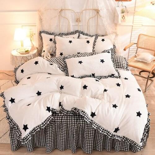 4pcs/set Korean Princess Flannel Bedding Set AB Double-sided Velvet Duvet Cover Bed Skirt Pillowcases White Fleece Quilt Cover
