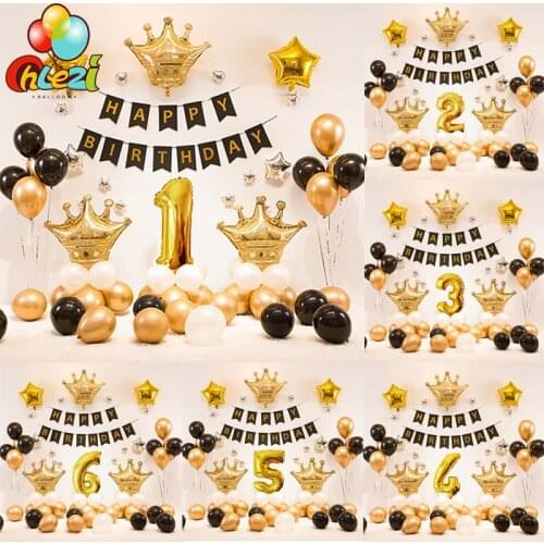 63pcs/lot Gold Crown Birthday Balloons Black birthday pull flag banner Metal latex helium ballon Birthday Party Decor shower