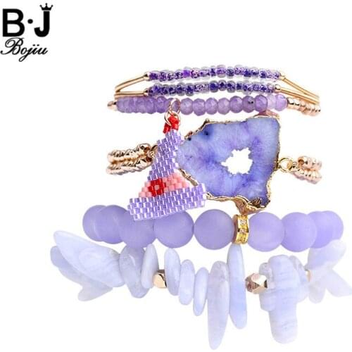 BOJIU Fashion Jewelry Natural Druzy Women Bracelet Purple Stone Copper Beads Bracelets Set Charm Bracelets Bangles Gift BCSET111