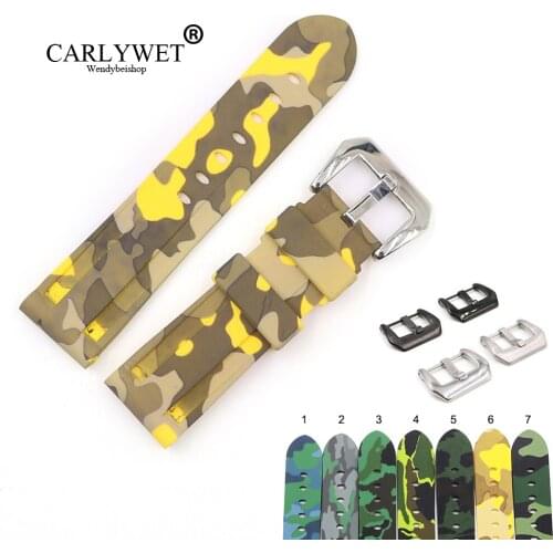 CARLYWET 22 24mm Camo Yellow Dark Grey Waterproof Silicone Rubber Replacement Wrist Watch Band Strap Loops For Panerai Luminor
