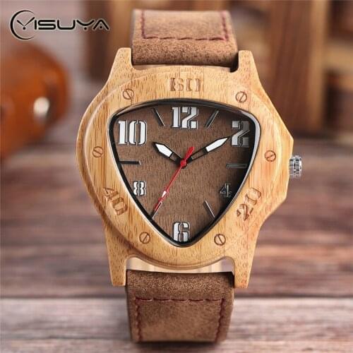 YISUYA Mens Creative Inverted Triangle Wood Watch Man Retro Cool Quartz Genuine Leather Bamboo Wooden Wristwatches Gifts Clock