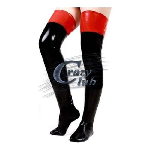 Crazy club_Hot TLatex Rubber Black Stockings With Red Trim For Girls Unique Women Sexy Rubber Stockings With Trims