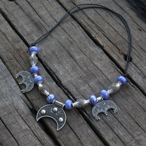Purple Beads With Rigid Lunula Pendant, Slavic inspirations Rough Viking Age Dress Kette Necklace Brooch Jewelry For Charm Women