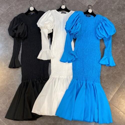 French style summer vintage puff sleeve mermiad dress women slim elastic package hip elegant trumpet dress